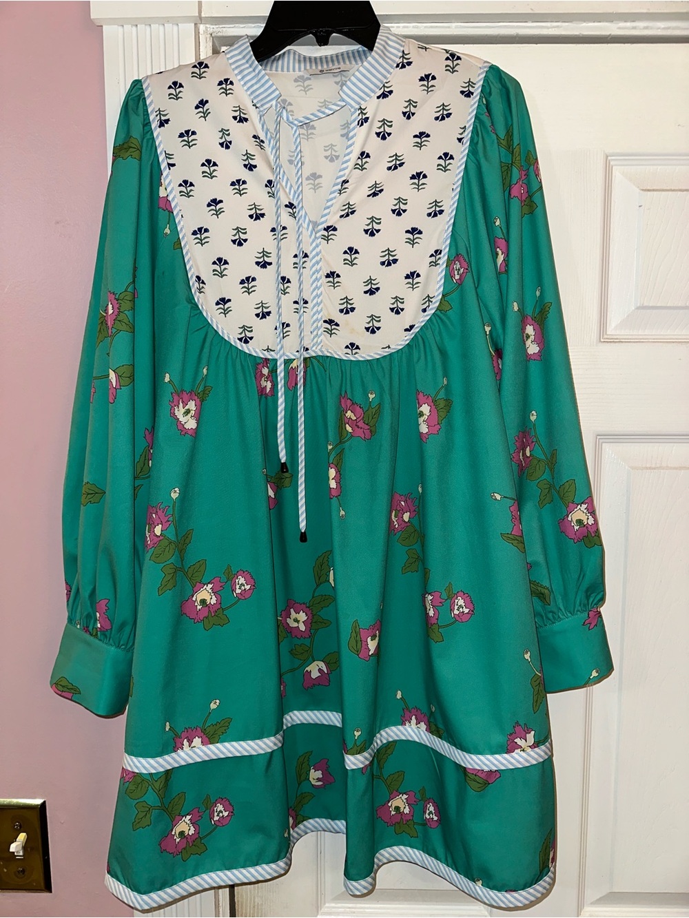 Floral Teal Peasant Tunic Dress with Contrast Yoke